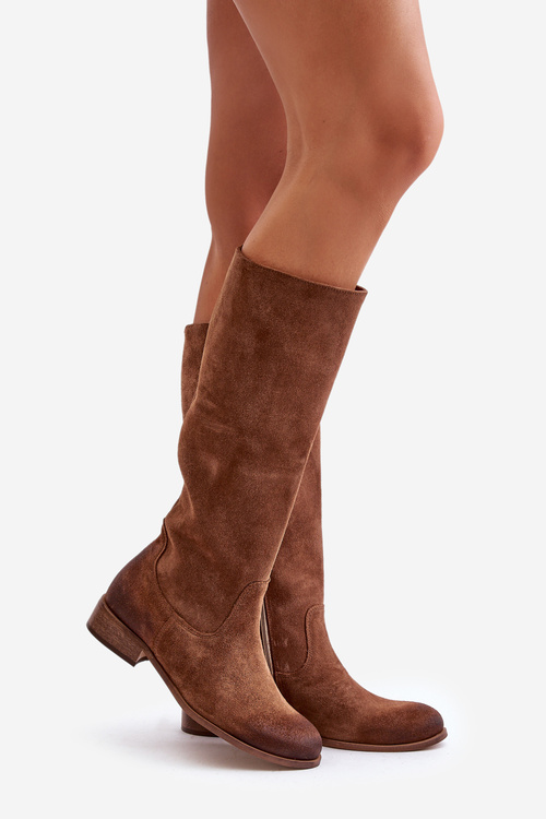 Damskie Zamszowe Kozaki Na Zamek Płaski Obcas Brązowe Lewski 3616