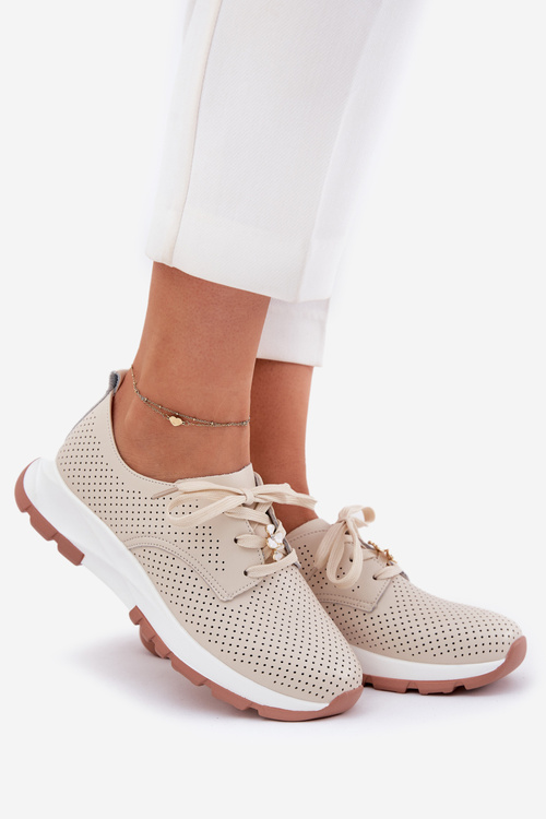 Lekkie Półbuty Damskie Skóra Naturalna Przypinka Beżowe Artiker 54C1811