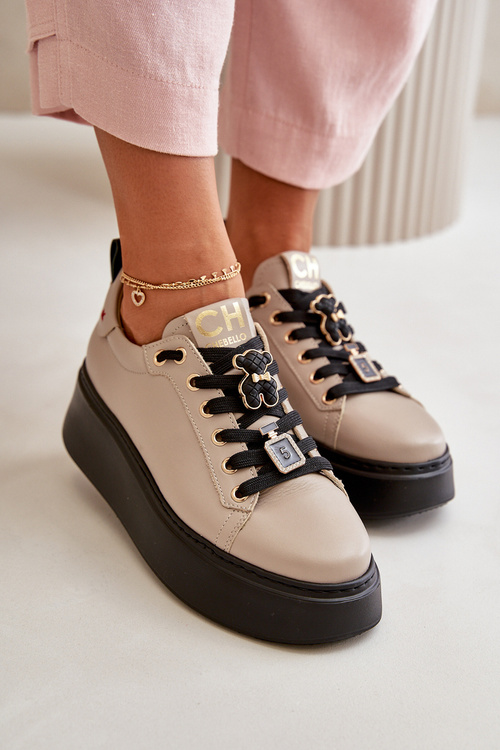 Women's Leather Sneakers With Pins On Platform Beige CheBello 4596