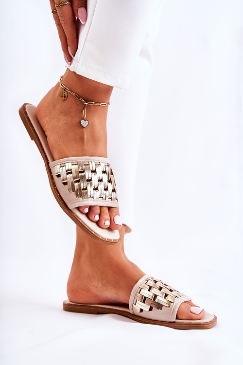 Klapki Damskie Skóra Płaski Obcas Beżowe Hollis