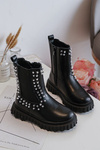 Girls' Heeled Ankle Boots Decorated with Rhinestones Black Adelie