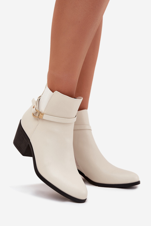 Damskie Botki Na Obcasie Z Paskiem I Złotym Detalem Jasnobeżowe Zelinae