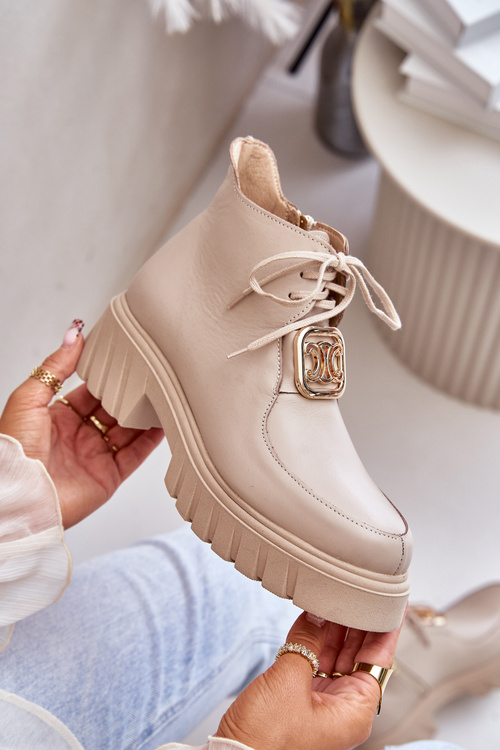 Zazoo 2952 Leather Ankle Boots With Golden Decoration Beige