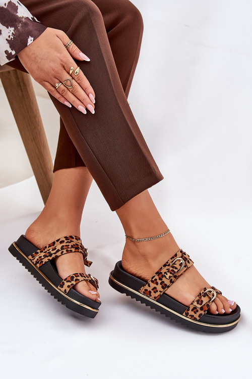 Damskie Klapki Z Paskami I Klamrami Na Platformie Panterka Brązowe Ziferte
