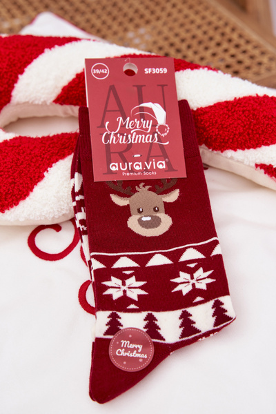 Męskie Skarpetki Wzorzyste Świąteczne Z Reniferem Bordowe