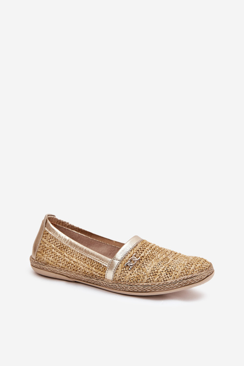 Elegant Leather Espadrilles With Weaving Beige-Golden Zazoo 10178