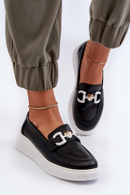 Mokasyny Na Platformie Damskie Skóra S.Barski LR720 Czarne