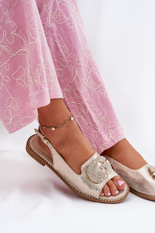 Sandały Damskie Z Eko Skóry Ozdobny Detal Płaski Obcas Złote S.Barski KV51-081