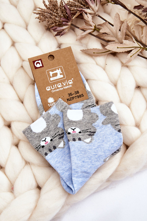 Skarpety Damskie Śmieszne Zwierzęcy Wzór Koty Niebieskie