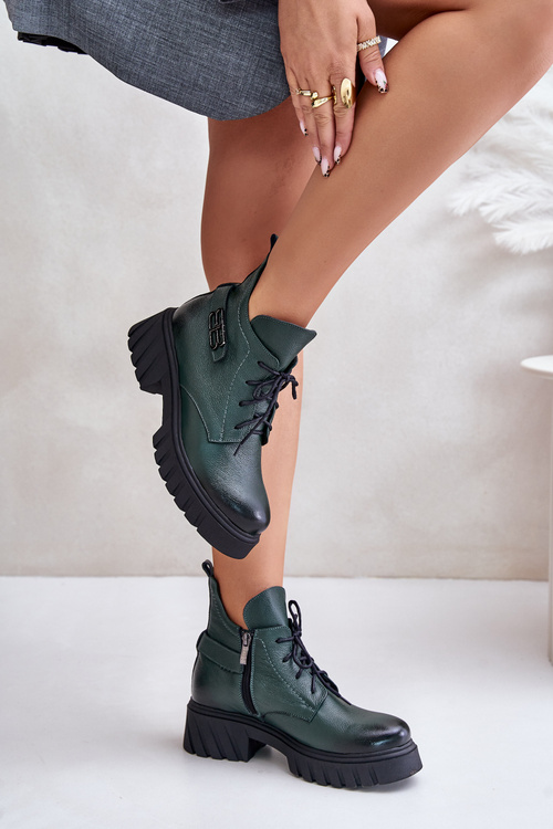 Zazoo 60483 Women's Leather Ankle Boots With Low Shaft Insulated Dark Green