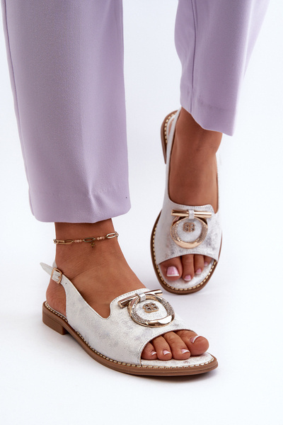 Elegant Women's Sandals with Gold Decoration on Flat Heel Silver S.Barski KV27-053