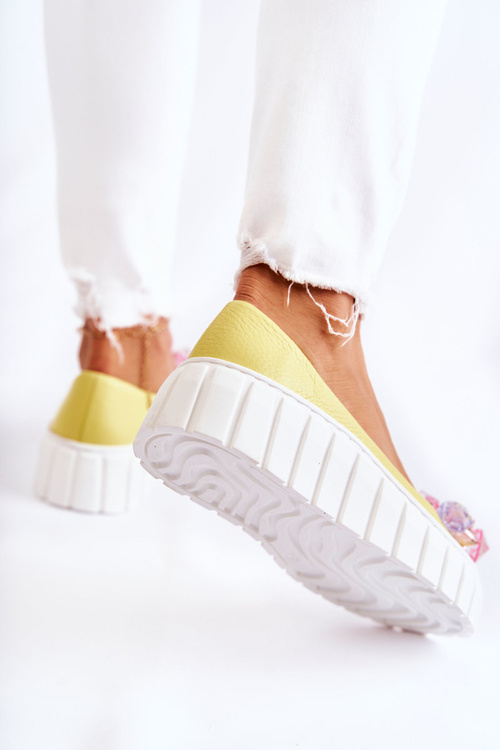 Leather Ballerinas On A Platform With Colorful Ornament Yellow Ladette