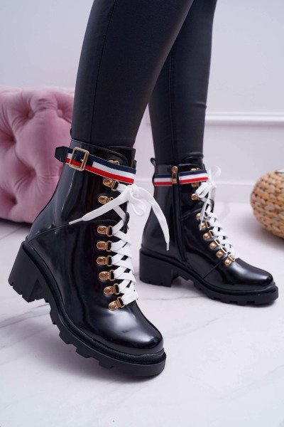 Women's Flat Heel High Glans Boots Black Hippe