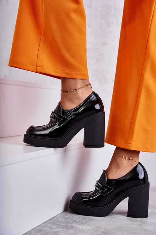 Półbuty Lakier Masywny Słupek Czarne Lemar Jaime