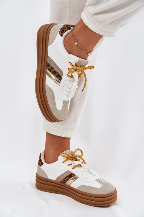 Damskie Sneakersy Z Podwójnym Sznurowaniem Na Platformie Panterka Białe Niteria