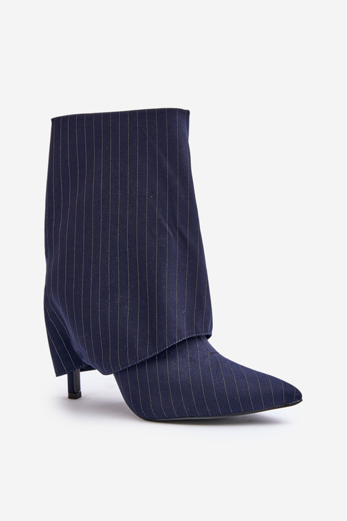 Women's Striped Stiletto Ankle Boots With Rolled Shaft And Pointed Toes Navy Naritua