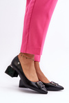 Black Faux Leather Court Shoes with Block Heel and Embellishment Sarala