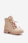 Beige Boots With Pearls, Rhinestones And Ribbon Nudago