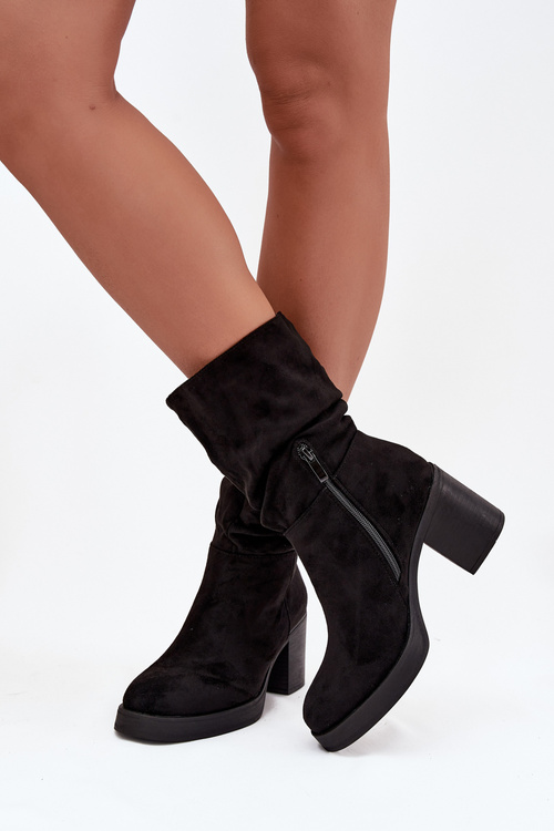 Women's Booties With Gathering On The Block Heel Warm Black Amoria