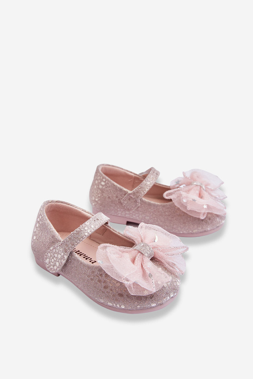 Balerinki Dziecięce Kokarda Brokat Rzep Srebrno-Różowe Elisa