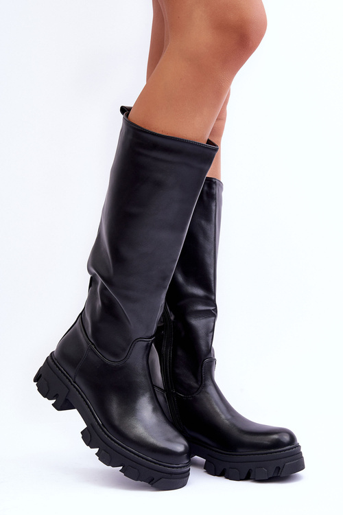 Women's Leather Officer Boots on a Flat Heel Black Nenet