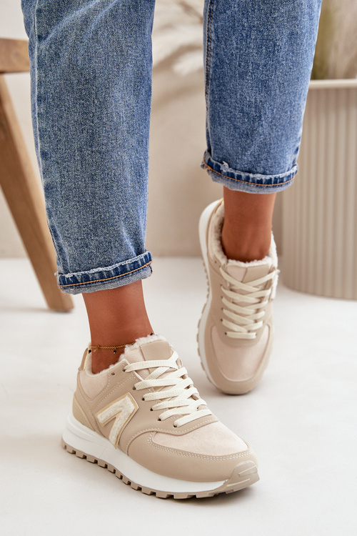 Damskie Ocieplane Kożuchem Sneakersy Buty Sportowe Damskie Beżowe Ciamara 