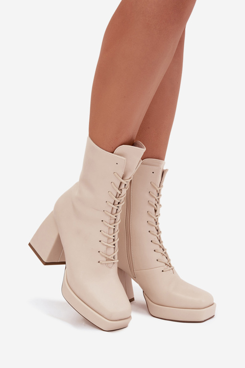 Women's Winter Boots On Heel With Lacing Light Beige Juvina