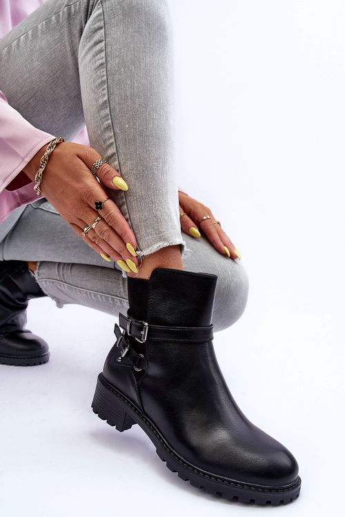 Botki Damskie Skóra Paski Czarne Minks M715