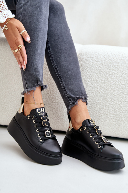 Women Leather Sneakers With Pins On Platform CheBello 4596 Black