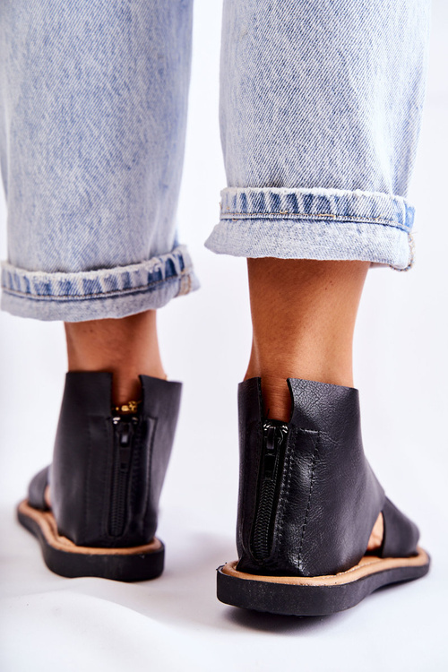 Women's Leather Sandals Broad Foot Black Catalise