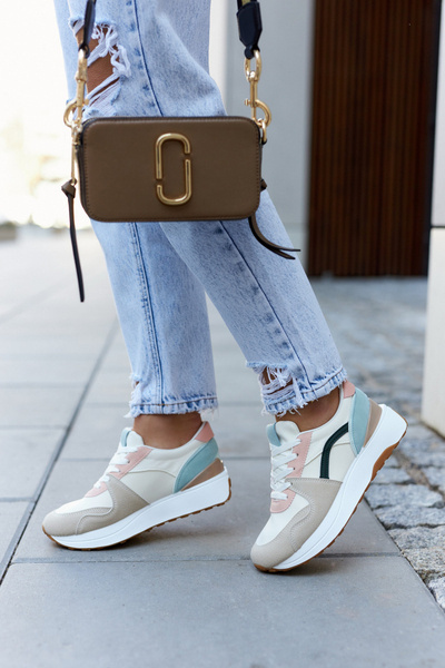 Buty Sportowe Sneakersy Skórzane Wiązane Beżowo-Zielone Coryse