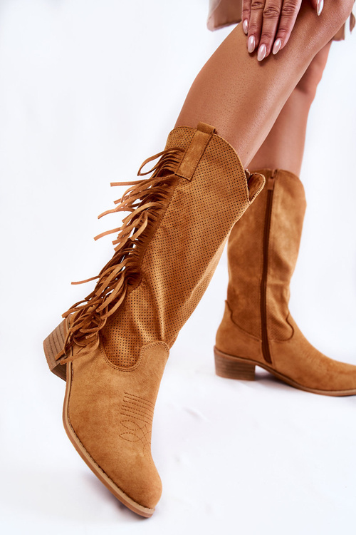 Kozaki Kowbojki Damskie Zamsz Frędzle Camel Haddy