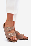 Women's sandals with golden buckles and stitching khaki Lunera