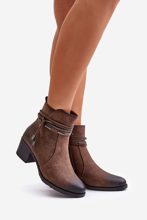 Ocieplane Damskie Botki Obcas Słupek Brązowe Lobina