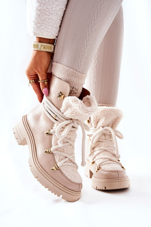 Leather Trapper Boots Tied Lewski Light Beige 3116