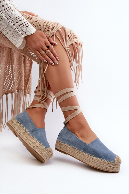 Wiązane Espadryle Damskie Na Platformie Z Plecionką Niebieskie Tailesse