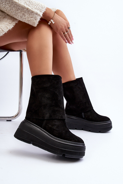 Zazoo 3410 Zamszowe Damskie Botki Masywna Platforma Czarne