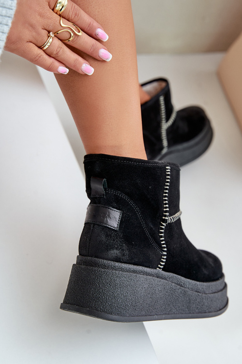 Damskie Śniegowce Botki Skórzane Zamszowe Na Platformie I Koturnie Czarne Maciejka 06769-01