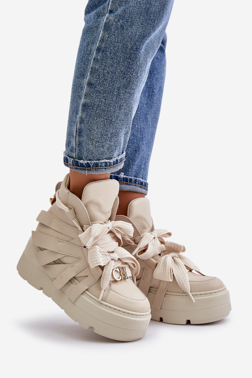 Damskie Sneakersy Masywna Platforma Złote Detale Beżowe CheBello 4561