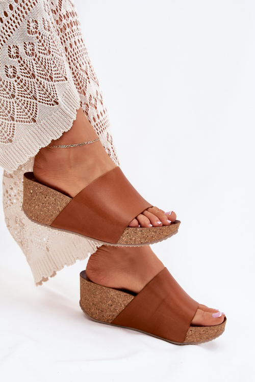 Klapki Damskie Na Korkowym Koturnie Skórzane Brązowe Zazoo 40291