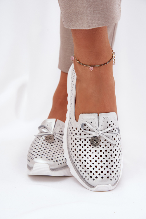 Półbuty Damskie Ażurowe Na Platformie Skóra Naturalna Srebrne D&A LR51-631