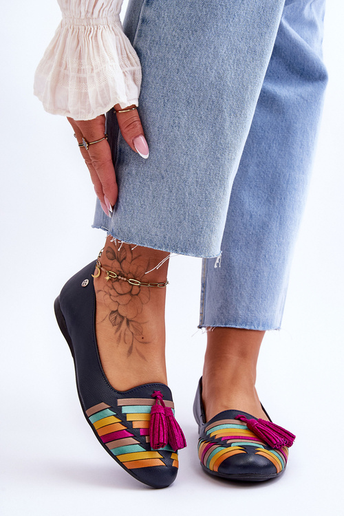 Leather Ballerinas With Fringes Maciejka 04016-17 Navy