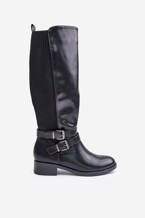 Knee High Women's Boots with Flat Heels and Buckles Black Lotina