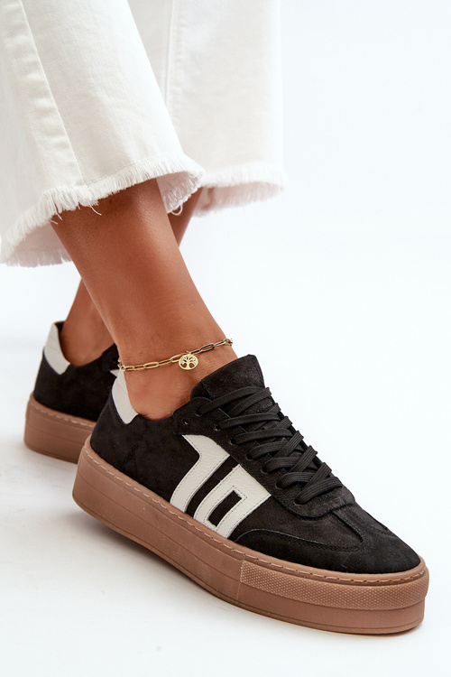 Black Leather Women's Platform Sneakers Zazoo N1095S2