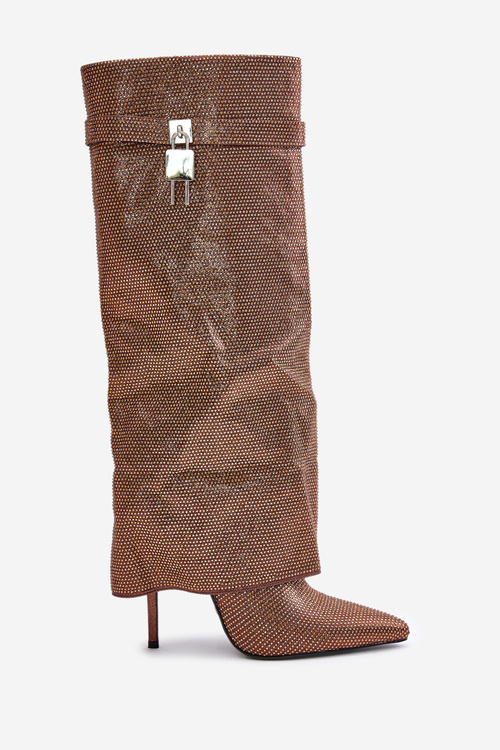 Embellished Slip-On Stiletto Boots with Turned Cuff Brown Enathlin