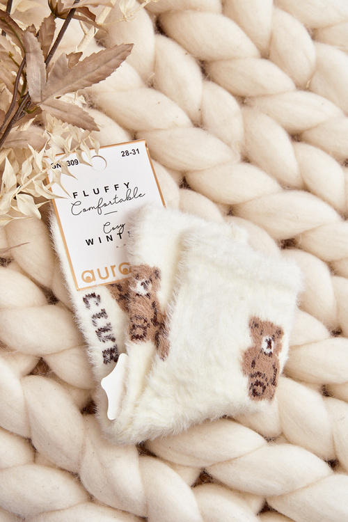 Children's Furry Socks with Bear White