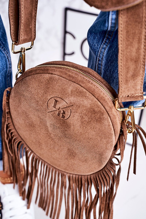 Torebka Skórzana Okrągła Z Frędzlami Boho LAURA BIAGGI Beżowa