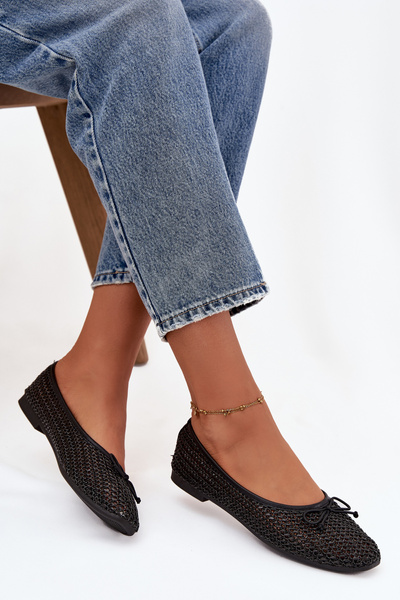 Damskie Plecione Baleriny Z Kokardką Czarne Belirra