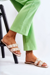 Women's Leather Slippers With Decorative Pearls Beige Lasello