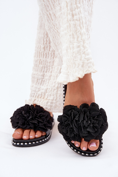 Women's Slippers With Fabric Flowers Black Elachase